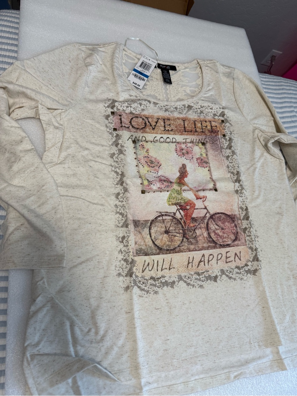 Style & Co. Cream Graphic Long Sleeve Tee with Pink & Green Accents